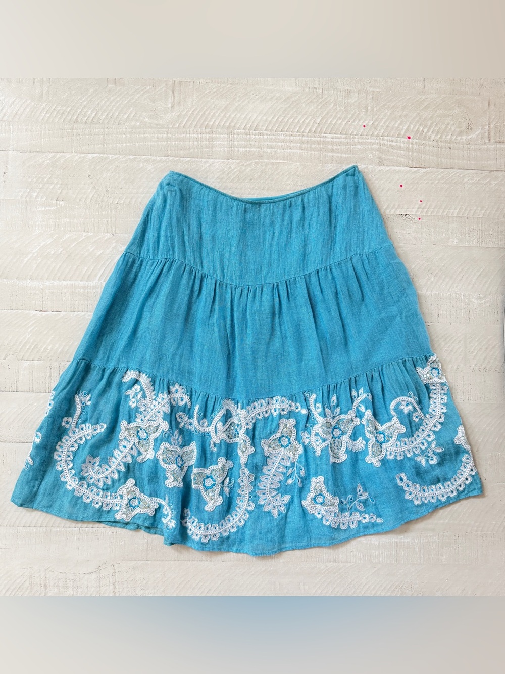 Lafayette 148 100% Boho Turquoise  Embroidered Tiered Linen Skirt size 6